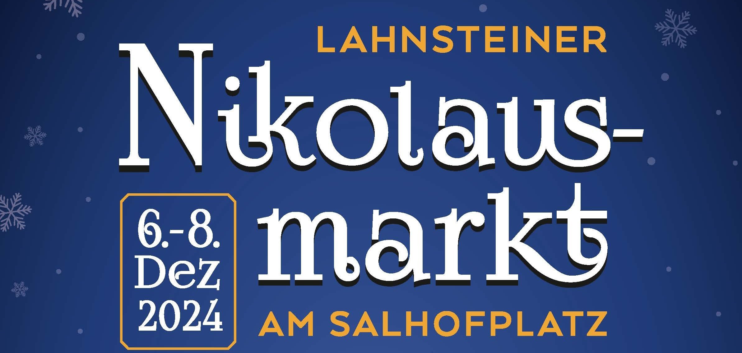 Plakat des Nikolausmarkts Lahnstein mit Schneekugel, die eine Weihnachtsmütze trägt. Schriftzug: Lahnsteiner Nikolausmarkt am Salhofplatz. Datum Dezember 2024