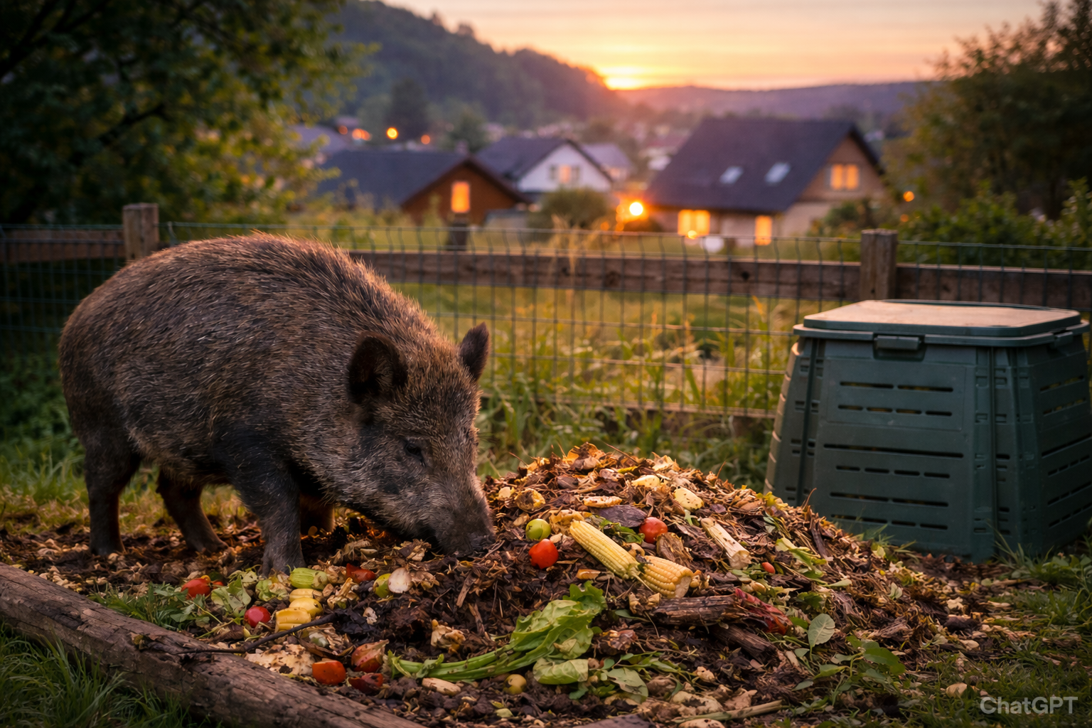 KI-Foto: Ein Wildschwein ist vor einem Haufen aus Gartenabfällen in Form von Blättern, Obst und Gemüse. Dahinter befindet sich ein Komposter. Hinter einem Zaun sind im Hintergrund beleuchtete Häuser erkennbar.