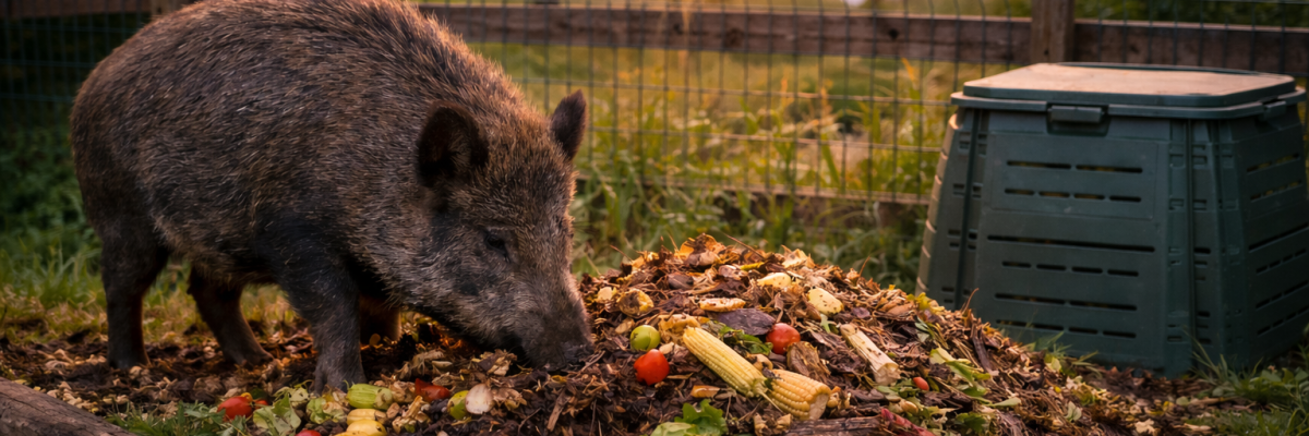 Wildschweine in Wohngebieten KI-Foto: Ein Wildschwein ist vor einem Haufen aus Gartenabfällen in Form von Blättern, Obst und Gemüse. Dahinter befindet sich ein Komposter. Hinter einem Zaun sind im Hintergrund beleuchtete Häuser erkennbar.
