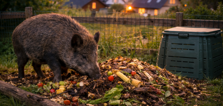KI-Foto: Ein Wildschwein ist vor einem Haufen aus Gartenabfällen in Form von Blättern, Obst und Gemüse. Dahinter befindet sich ein Komposter. Hinter einem Zaun sind im Hintergrund beleuchtete Häuser erkennbar.