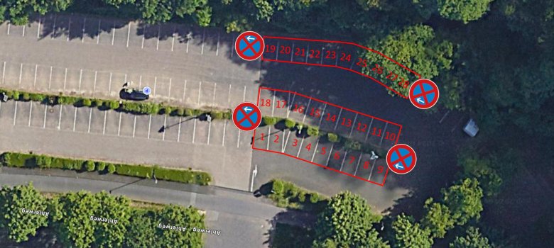 Parkplätze Ahlerweg Luftbild Luftbild der Parkplätze in der Straße Ahlerweg in Lahnstein mit grafisch eingefügten Halteverbotsschildern
