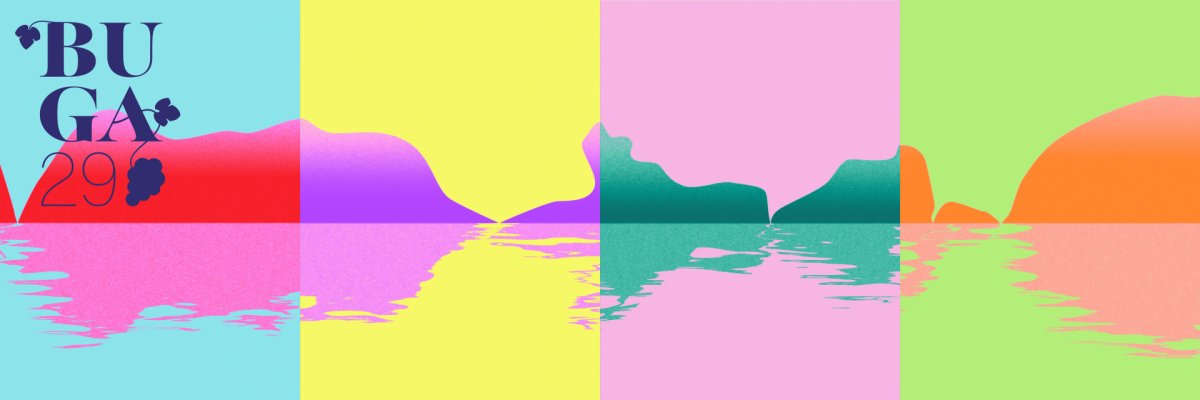 Breites, farbenfrohes Panorama zur Bundesgartenschau 2029 mit stilisierten Landschaftsformen entlang einer Wasserfläche. Die Grafik zeigt abstrakte Hügel und Ufer in Türkis, Gelb, Rosa, Grün und Orange mit Spiegelungen im Wasser. Links oben befindet sich das BUGA-29-Logo mit Weinrebenmotiv.