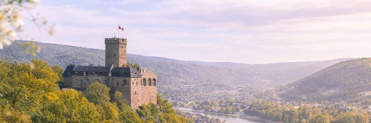Schöner leben bis zur BUGA 2029 Burg auf einem Hügel über dem Rhein mit Blick auf Lahnstein, umgeben von blühenden Margeriten im Vordergrund.