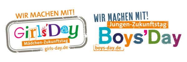 Logos für den Girls'Day (Mädchen-Zukunftstag) und Boys'Day (Jungen-Zukunftstag) nebeneinander auf weißem Hintergrund mit dem Slogan „Wir machen mit!“.