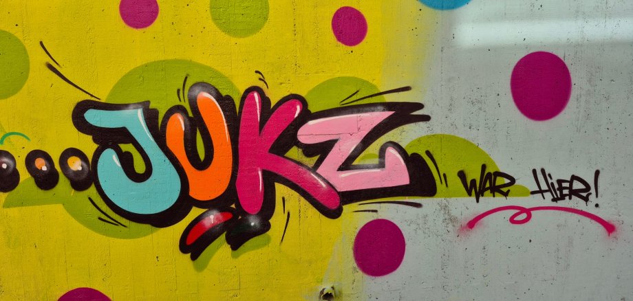 Grafitti JUKZ Farbfreudiges Graffiti-Kunstwerk mit dem stilisierten Schriftzug „JUKZ“ auf einem gelb-grün gepunkteten Hintergrund.