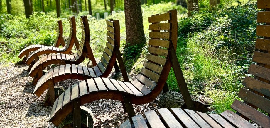 Atemparcours Kur- und Heilwald Lahnstein Mehrere geschwungene Holzliegen stehen nebeneinander auf einer mit Holzschnitzeln bedeckten Fläche im Kur- und Heilwald. Umgeben von hohen Bäumen und dichtem Grün laden die Ruheliegen zum Entspannen und Verweilen inmitten der Natur ein.