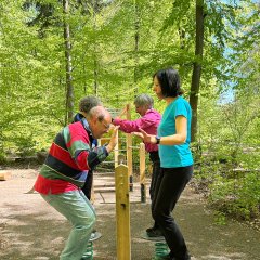 Vier Personen nutzen gemeinsam Outdoor-Fitnessgeräte im Wald. Zwei Personen stehen auf runden, federnden Plattformen und balancieren mit ausgestreckten Armen, während eine weitere Person im Hintergrund eine Übung an einer Holzstation ausführt. Die Trainingsstationen stehen auf einem befestigten Waldplatz, umgeben von dichtem grünem Baumbestand und natürlicher Umgebung.