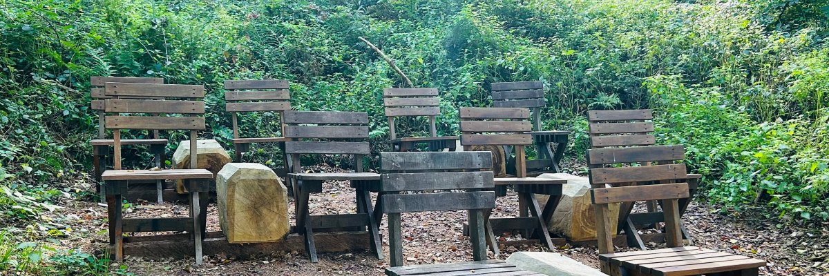 Herz-Kreislauf-Pfad Lahnstein Auf einer kleinen Lichtung mitten im dicht bewachsenen, grünen Wald stehen zahlreiche einfache Holzstühle und massive Holzbalken als Sitzgelegenheiten. Die Stühle sind locker in mehreren Reihen angeordnet und nach vorne ausgerichtet. Der Waldboden ist mit Laub und Holzspänen bedeckt. Dichte Sträucher, Farne und hohe Bäume umgeben den abgeschiedenen Sitzplatz, durch deren Blätter Sonnenlicht auf die Lichtung fällt.