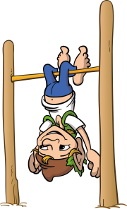 Gezeichnete Figur mit brauner Mütze, grünem Blatt und grüner Weste, die kopfüber an einer waagerechten Stange zwischen zwei Holzpfählen hängt. Die Beine sind über die Stange gelegt, Arme und Kopf hängen nach unten.