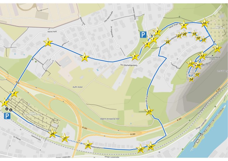 Ein Teilauszug des Stadtplans von Lahnstein, in dem der Verlauf des Krippenwegs in Niederlahnstein eingezeichnet ist.