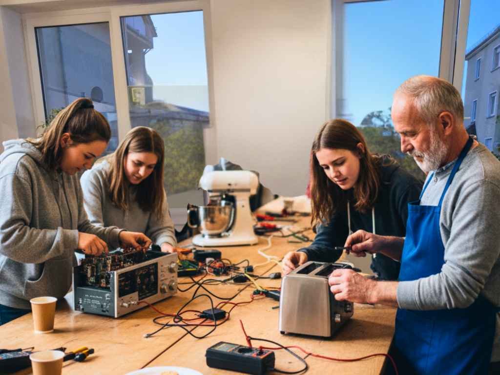 In einem hellen Raum arbeiten vier Menschen unterschiedlicher Generationen an einem langen Holztisch zusammen. Im Vordergrund repariert ein älterer Mann in einer blauen Schürze einen Toaster, während junge Frauen daneben ein elektronisches Gerät untersuchen. Auf den Tischen liegen Werkzeuge, Kabel und Messgeräte.