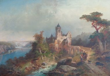 Schloss Martinsburg in Lahnstein, Öl auf Leinen gemalt von Nikolai von Astudin (Privatbesitz) Romantische Flusslandschaft mit Burgruine auf einem Hügel über dem Rhein; im Vordergrund Wanderer auf einem Weg, umgeben von Felsen, Bäumen und sanftem Licht.