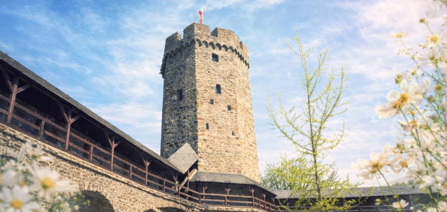 Stilisiertes Bild eines mittelalterlichen Wehrturms mit Wehrgang. Im Vordergrund sind Blumen mit weißen Blüten zu sehen, rechts im Bild ist ein Baum mit dünnen Ästen und hellgrünen Blättern.