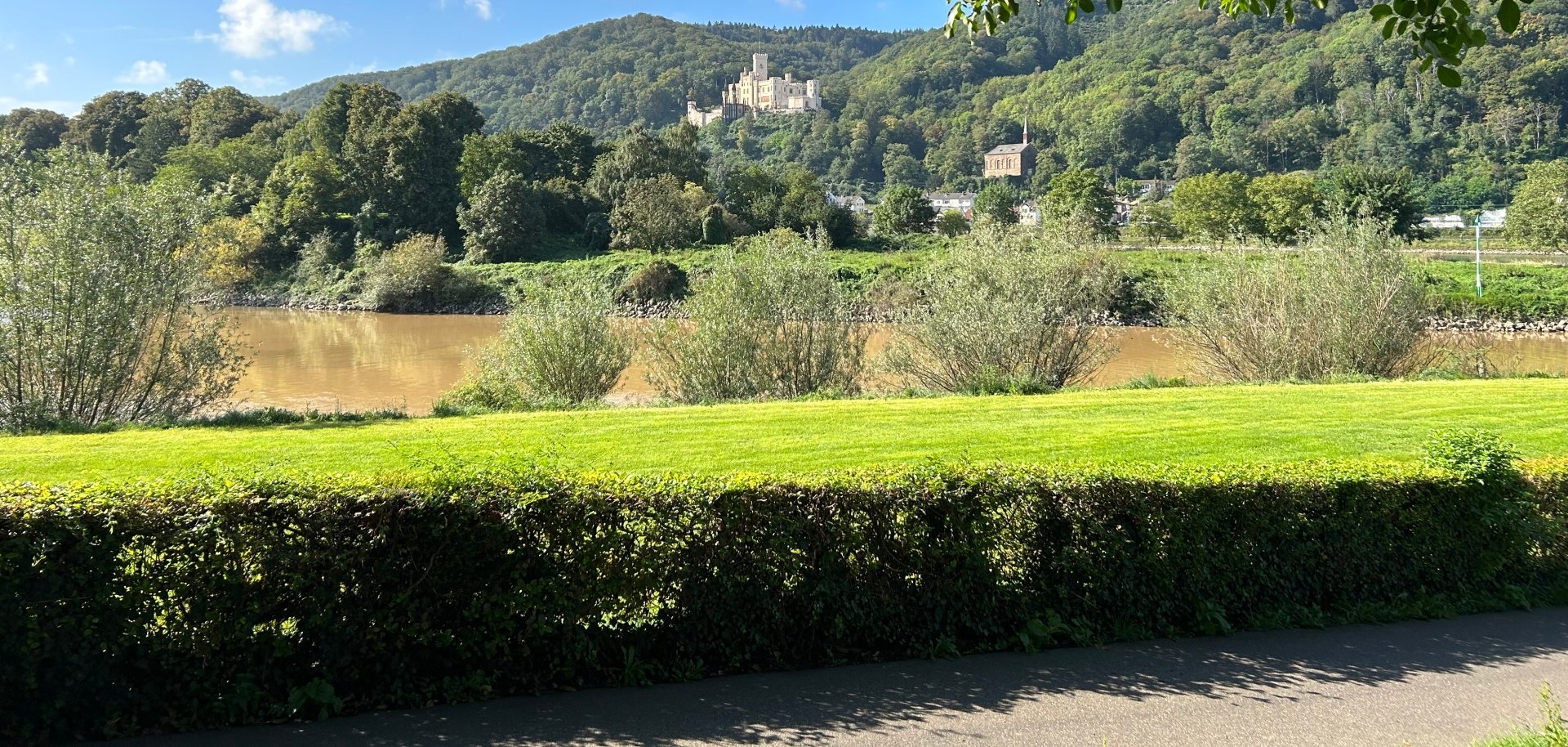 Blick auf eine grüne Flusslandschaft an einem sonnigen Tag: Im Vordergrund verläuft ein Radweg entlang eines Ufers mit Hecke, dahinter fließt ein braun gefärbter Fluss. Auf der gegenüberliegenden Seite erstrecken sich Wiesen und Bäume, darüber erhebt sich ein bewaldeter Hügel mit einem hellen Schlossgebäude und einer Kirche. Blauer Himmel und überhängende Baumzweige rahmen die Szene.