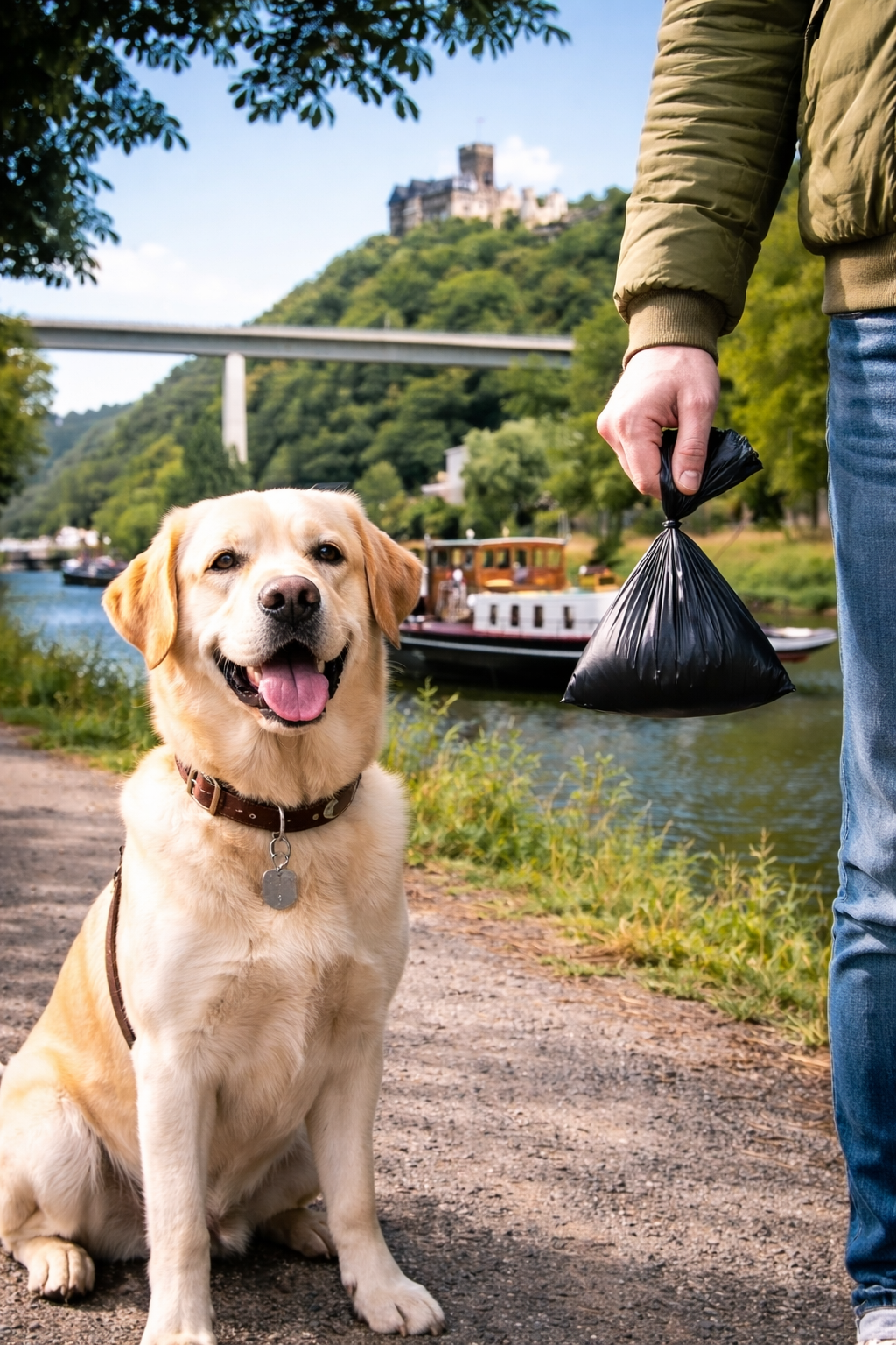 Ein Labrador sitzt an einem Weg am Fluss in Lahnstein. Im Hintergrund sind eine Brücke, ein Schiff und eine Burg auf einem Hügel zu sehen. Rechts im Bild hält eine teilweise sichtbare Person einen schwarzen, verschlossenen Hundekotbeutel in der Hand.