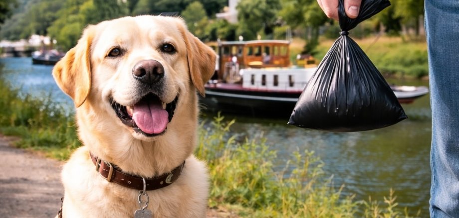 Ein Labrador sitzt an einem Weg am Fluss in Lahnstein. Im Hintergrund sind eine Brücke, ein Schiff und eine Burg auf einem Hügel zu sehen. Rechts im Bild hält eine teilweise sichtbare Person einen schwarzen, verschlossenen Hundekotbeutel in der Hand.