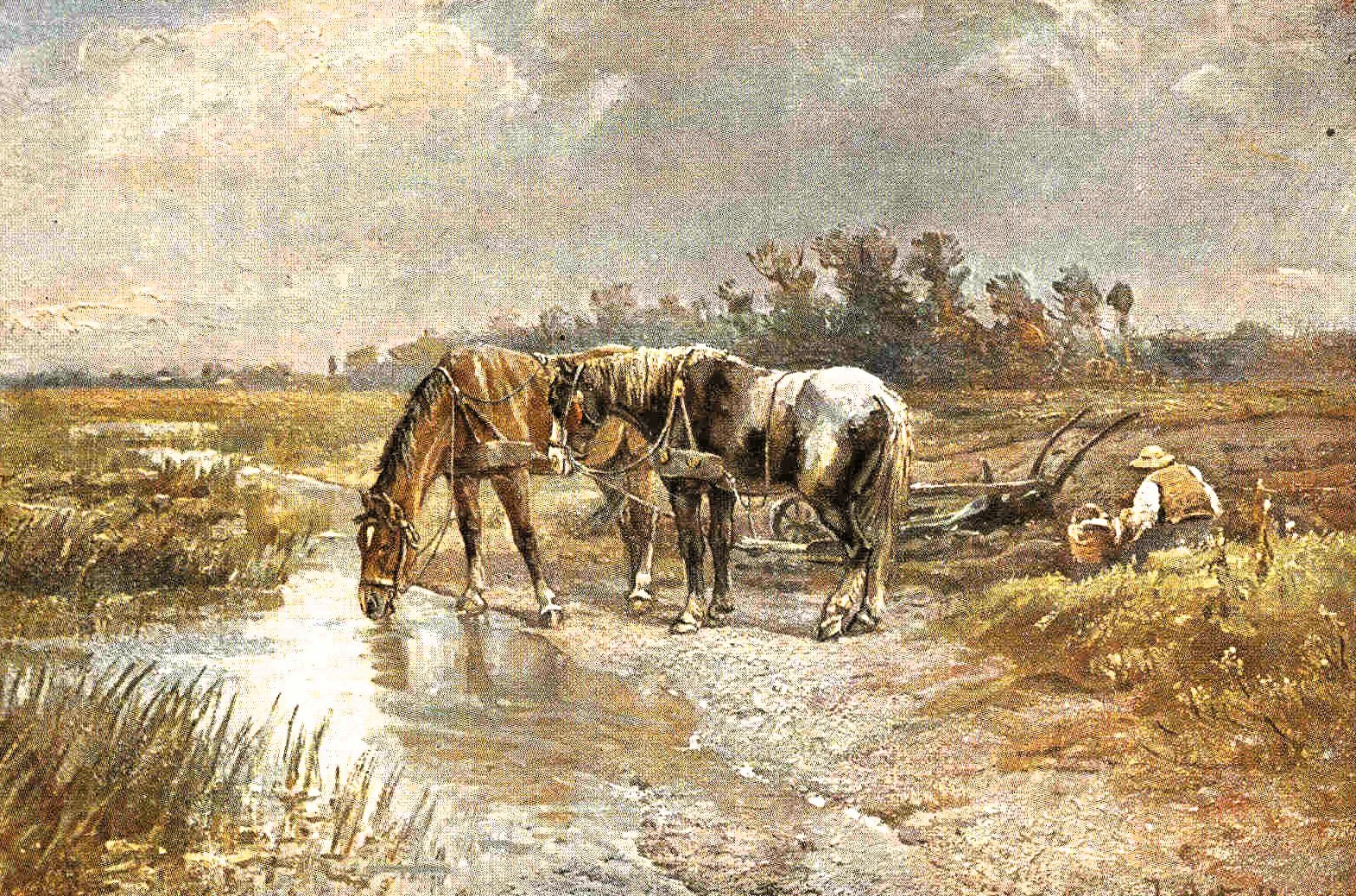 Gemälde einer bäuerlichen Szene: Zwei Pferde trinken aus einer flachen Wasserstelle, während ein Bauer neben einem Pflug am Feldrand sitzt. Im Hintergrund erstreckt sich eine weite, sonnige Landschaft mit Bäumen.