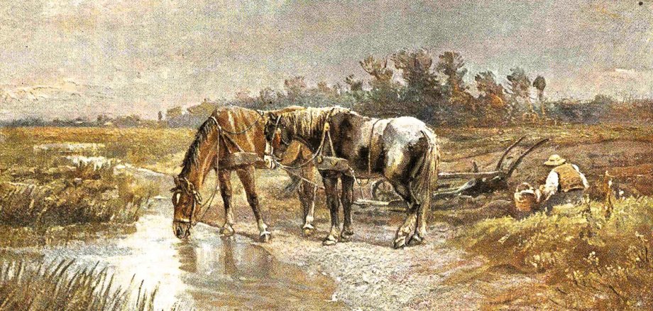 Gemälde einer bäuerlichen Szene: Zwei Pferde trinken aus einer flachen Wasserstelle, während ein Bauer neben einem Pflug am Feldrand sitzt. Im Hintergrund erstreckt sich eine weite, sonnige Landschaft mit Bäumen.