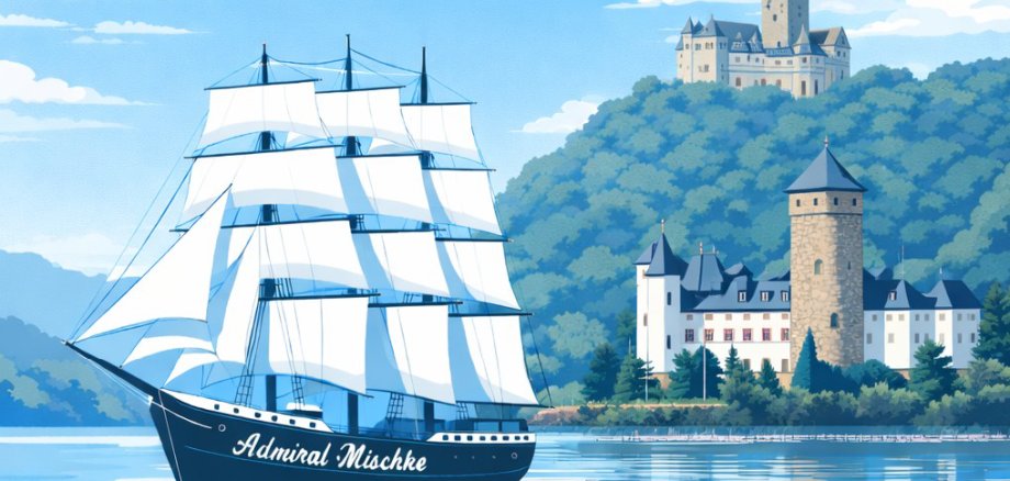 Plakat des Shantychors mit Grafik eines Segelschiffes im Vordergrund und im Hintergrund zwei historische Burgen.