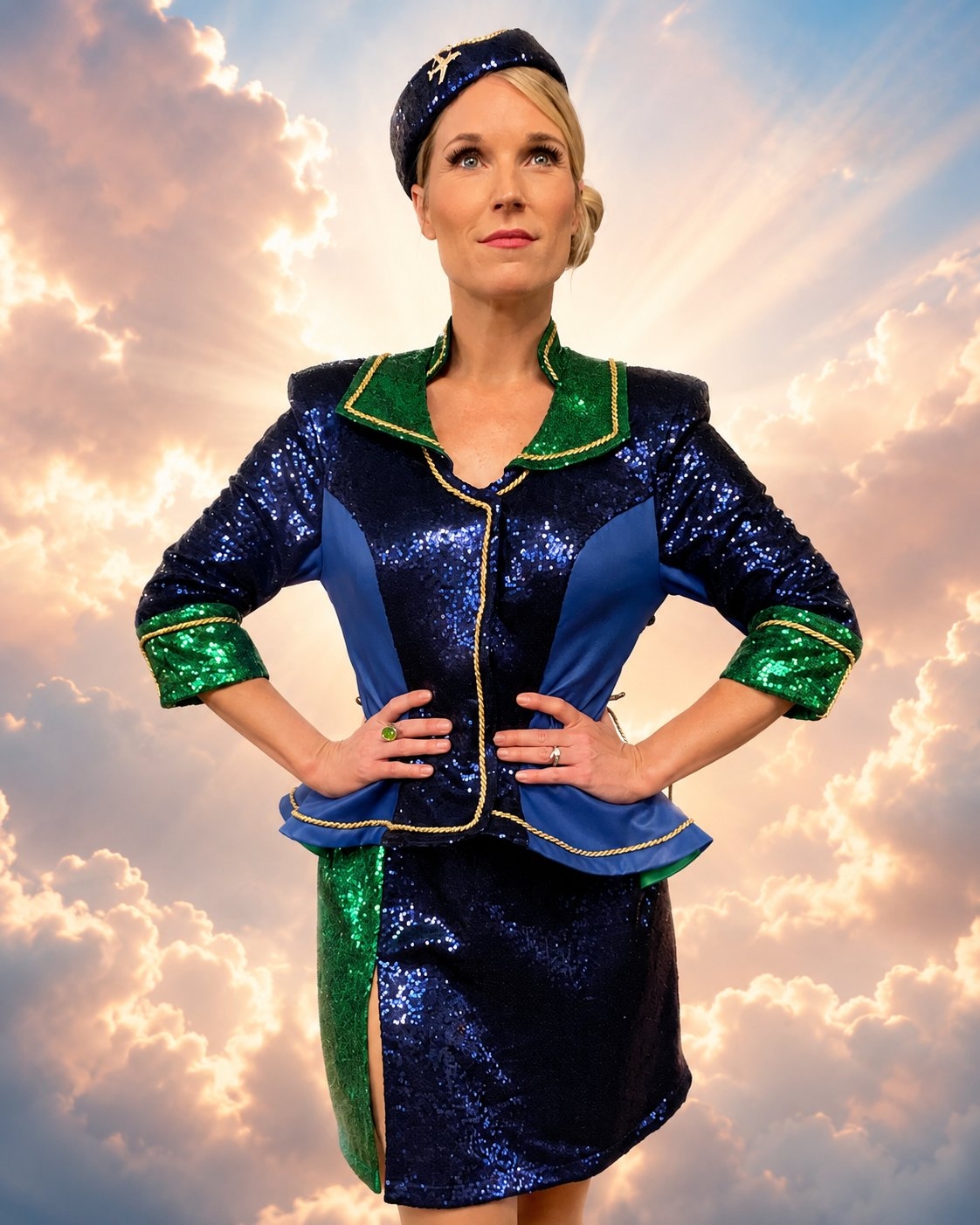 Eine Person in einer glitzernden blau-grünen Uniform mit passender Mütze steht selbstbewusst mit den Händen in die Hüften gestemmt vor einem wolkenverhangenen Himmel. Hinter ihr brechen Sonnenstrahlen durch die Wolken und erzeugen einen dramatischen Lichteffekt, der die Bühnenfigur und das auffällige Kostüm in den Mittelpunkt rückt.