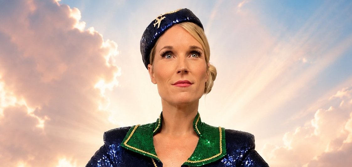 Eine Person in einer glitzernden blau-grünen Uniform mit passender Mütze steht selbstbewusst mit den Händen in die Hüften gestemmt vor einem wolkenverhangenen Himmel. Hinter ihr brechen Sonnenstrahlen durch die Wolken und erzeugen einen dramatischen Lichteffekt, der die Bühnenfigur und das auffällige Kostüm in den Mittelpunkt rückt.