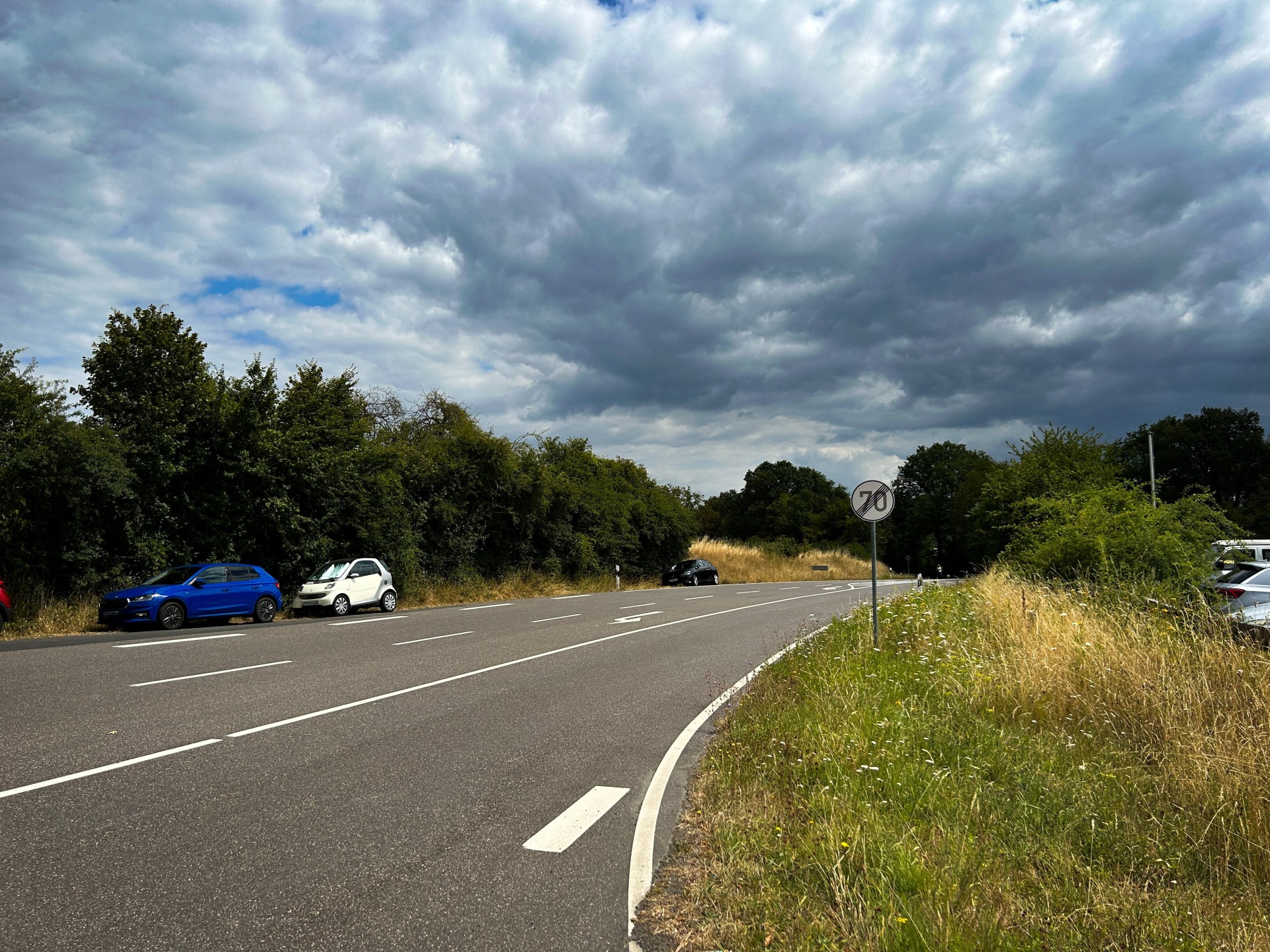 Eine zweispurige Landstraße führt durch eine leichte Rechtskurve und ist von Bäumen, Sträuchern und hohen Gräsern gesäumt. Am rechten Fahrbahnrand steht ein Verkehrszeichen mit einer zulässigen Höchstgeschwindigkeit von 70 km/h. Mehrere geparkte Fahrzeuge befinden sich am Straßenrand. Über der Szene ziehen dichte, dunkle Wolken auf, während zwischen ihnen vereinzelt blauer Himmel zu sehen ist.