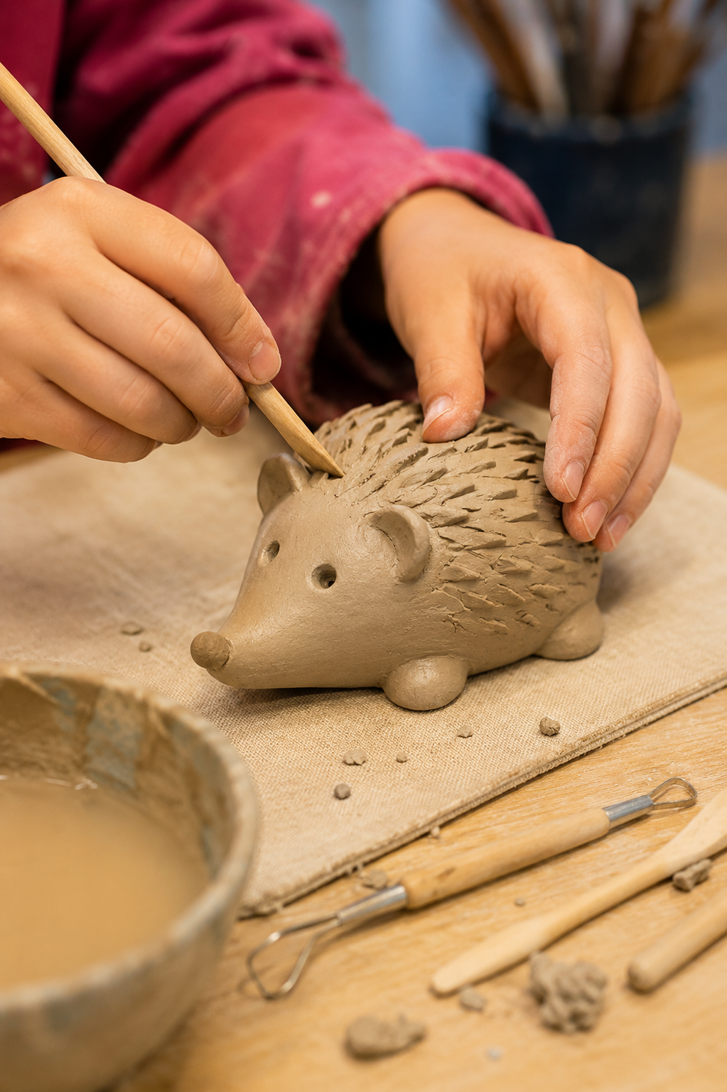 Kinderhände gestalten aus Ton eine Igelfigur. Mit einem Modellierwerkzeug werden die Stacheln in den noch weichen Ton eingearbeitet. Auf dem Tisch liegen weitere Werkzeuge und Tonreste.