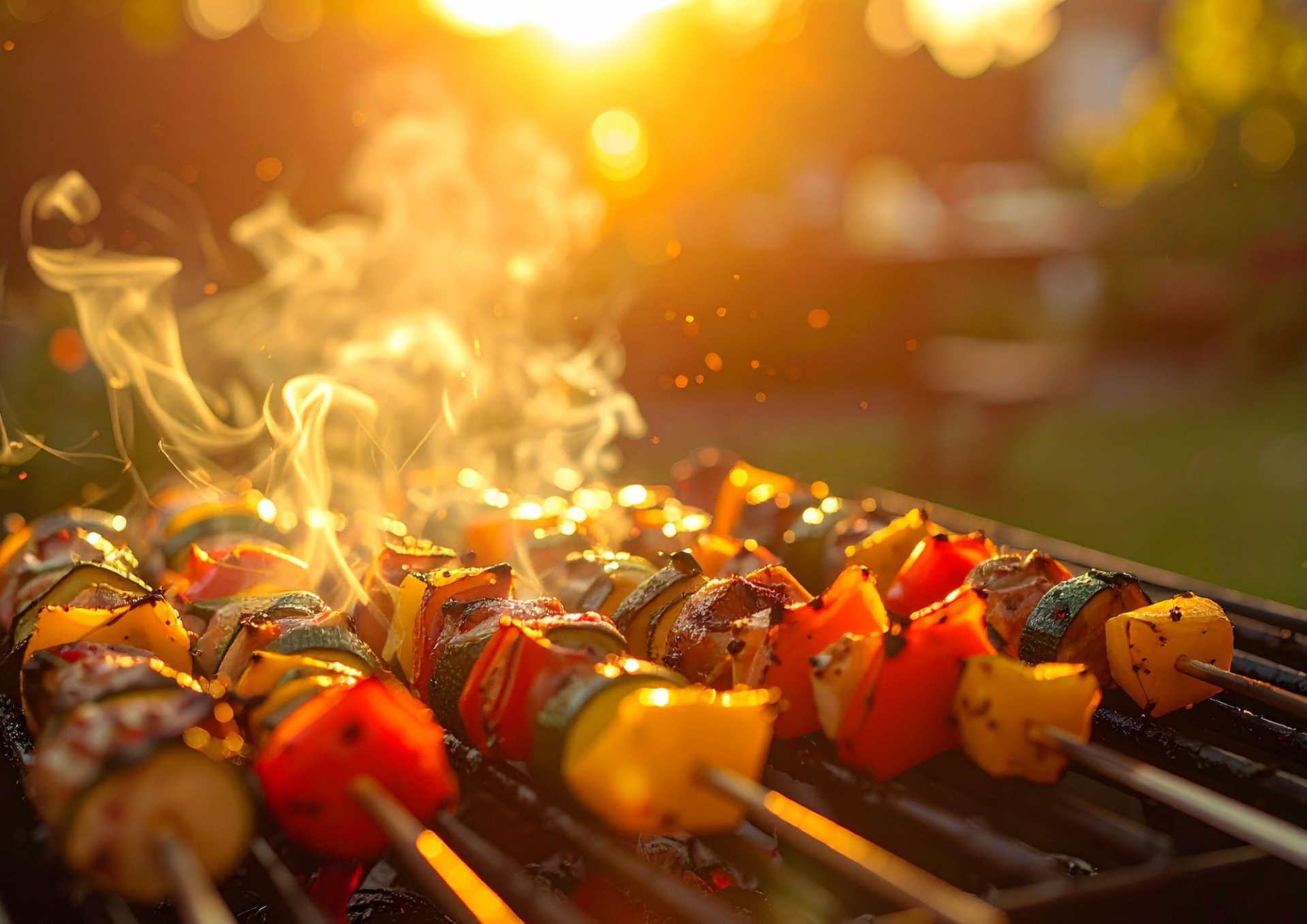 Mehrere Gemüsespieße mit Paprika, Zucchini und weiteren Gemüsesorten liegen auf einem Grillrost und werden von offenen Flammen und aufsteigendem Rauch umhüllt. Das warme Licht der tief stehenden Sonne taucht die Szene in goldene Farben und lässt Funken sowie den Rauch besonders eindrucksvoll wirken. Der unscharfe Hintergrund verstärkt den Fokus auf das frisch gegrillte Gemüse und vermittelt eine sommerliche Grillatmosphäre.