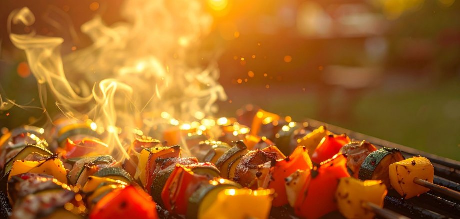 Grillen Mehrere Gemüsespieße mit Paprika, Zucchini und weiteren Gemüsesorten liegen auf einem Grillrost und werden von offenen Flammen und aufsteigendem Rauch umhüllt. Das warme Licht der tief stehenden Sonne taucht die Szene in goldene Farben und lässt Funken sowie den Rauch besonders eindrucksvoll wirken. Der unscharfe Hintergrund verstärkt den Fokus auf das frisch gegrillte Gemüse und vermittelt eine sommerliche Grillatmosphäre.