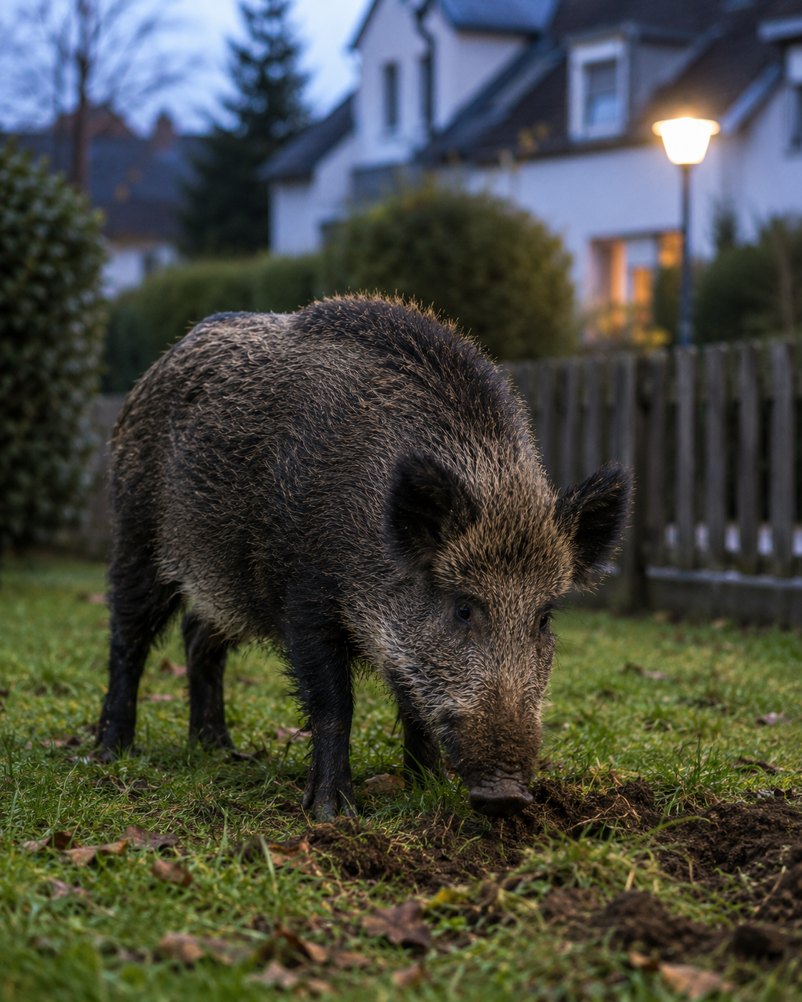 Ein Wildschwein steht in der Dämmerung auf einer Rasenfläche in einem Wohngebiet. Das Tier befindet sich im Vordergrund und wühlt mit der Schnauze im Boden. Im Hintergrund sind ein Holzzaun, Hecken und mehrere Wohnhäuser zu sehen. Eine eingeschaltete Straßenlaterne und beleuchtete Fenster verdeutlichen die unmittelbare Nähe zu bewohnten Grundstücken.