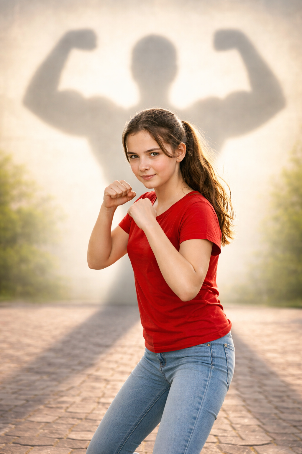 Ein Mädchen mit zu Fäusten erhobenen Händen in Abwehrhaltung. Im Hintergrund ragt ihr Schatten in Form von erhobenen starken Armen auf.