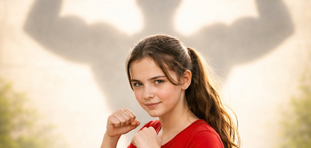 Ein Mädchen mit zu Fäusten erhobenen Händen in Abwehrhaltung. Im Hintergrund ragt ihr Schatten in Form von erhobenen starken Armen auf.