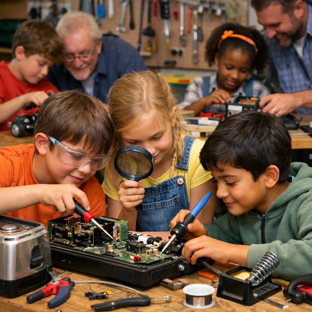 Drei Kinder basteln und tüfteln gemeinsam an einem Tisch, auf dem Werkzeuge und technische Bauteile liegen. Im Hintergrund sind zwei erwachsene Männer mit einem Jungen und einem Mädchen, die ebenfalls Geräte reparieren.
