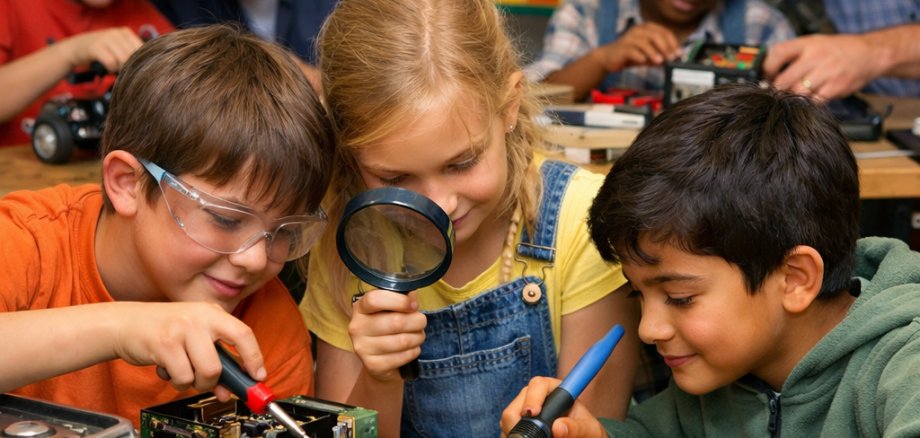 Repair-Café-Workshop für Kinder Drei Kinder basteln und tüfteln gemeinsam an einem Tisch, auf dem Werkzeuge und technische Bauteile liegen. Im Hintergrund sind zwei erwachsene Männer mit einem Jungen und einem Mädchen, die ebenfalls Geräte reparieren.