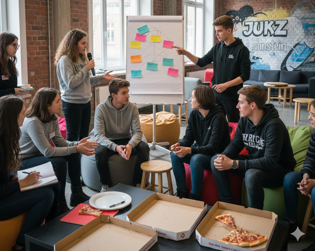 Eine Gruppe von Jugendlichen in einem Raum, sitzend und stehend an einem Tisch, auf dem überwiegend leere Pizzaschachteln liegen, ein Flipchart mit bunten Kärtchen steht im Hintergrund.