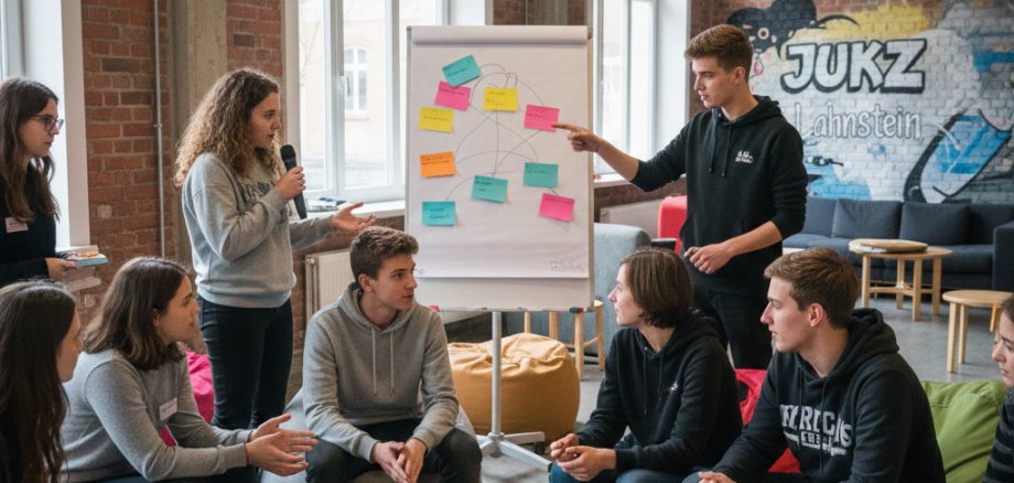 Eine Gruppe von Jugendlichen in einem Raum, sitzend und stehend an einem Tisch, auf dem überwiegend leere Pizzaschachteln liegen, ein Flipchart mit bunten Kärtchen steht im Hintergrund.