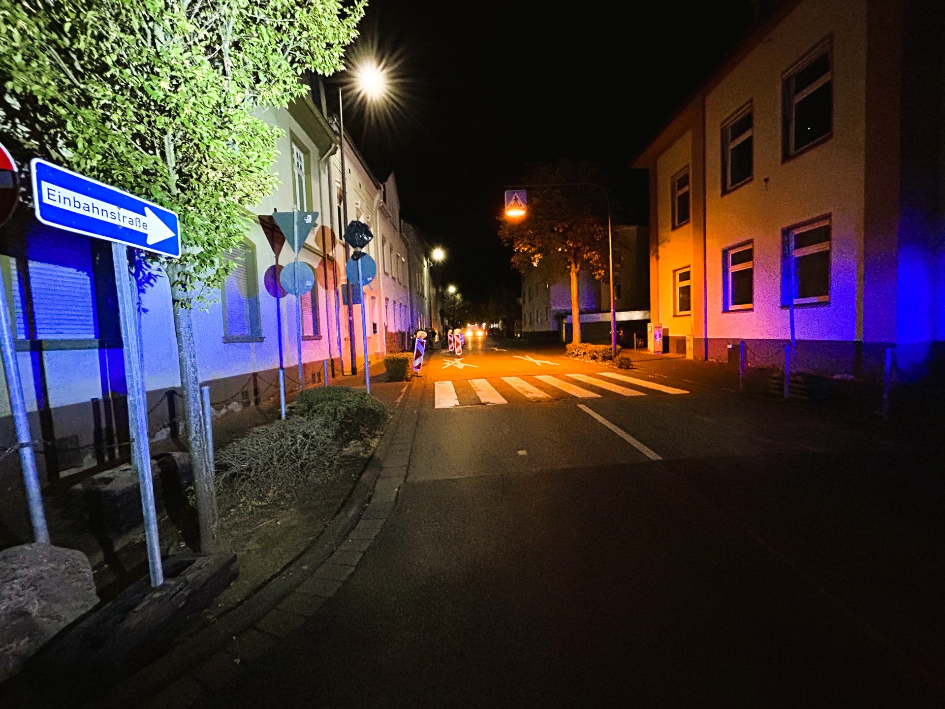 Eine Straße im Wohngebiet mit beidseitiger Häuserbebauung und teilweise Begrünung. Im Vordergrund links ist ein Schild mit der Aufschrift Einbahnstraße.