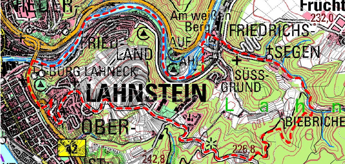 Ausschnitt einer topografischen Karte von Lahnstein, in dem das Jagdgebiet rot markiert ist
