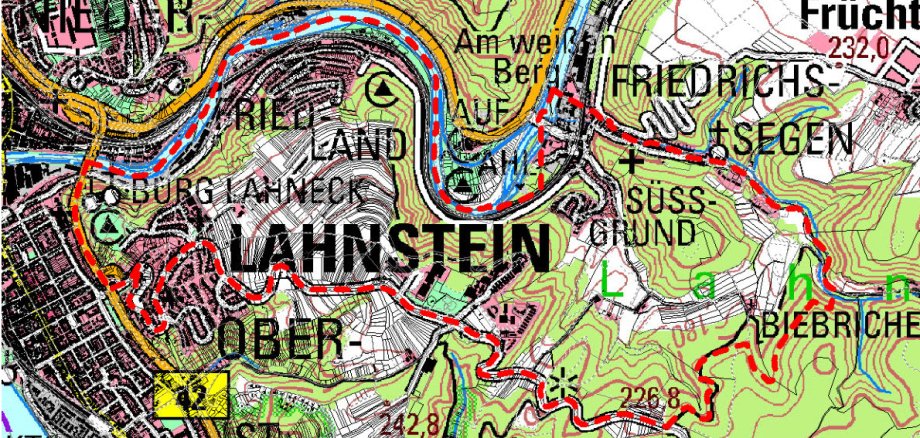 Ausschnitt einer topografischen Karte von Lahnstein, in dem das Jagdgebiet rot markiert ist