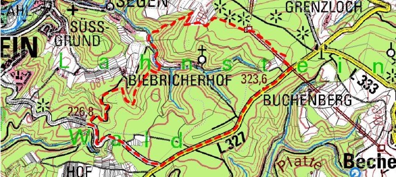 Ausschnitt einer topografischen Karte von Lahnstein, in dem das Jagdgebiet rot markiert ist