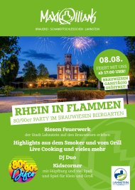 Plakat Rhein in Flammen Lahnstein bei Maximilians Brauwiesen Grün gestaltetes Veranstaltungsplakat des Maximilians in Lahnstein. Im Mittelpunkt steht ein Foto des illuminierten Schlosses Martinsburg mit Feuerwerk am Nachthimmel. Angekündigt wird eine 80er-/90er-Party im Brauwiesen-Biergarten am 8. August ab 17 Uhr. Das Plakat weist auf das große Feuerwerk, Spezialitäten vom Smoker und Grill, Live-Cooking, ein DJ-Duo sowie eine Kids-Corner mit Hüpfburg und Spielangeboten hin.