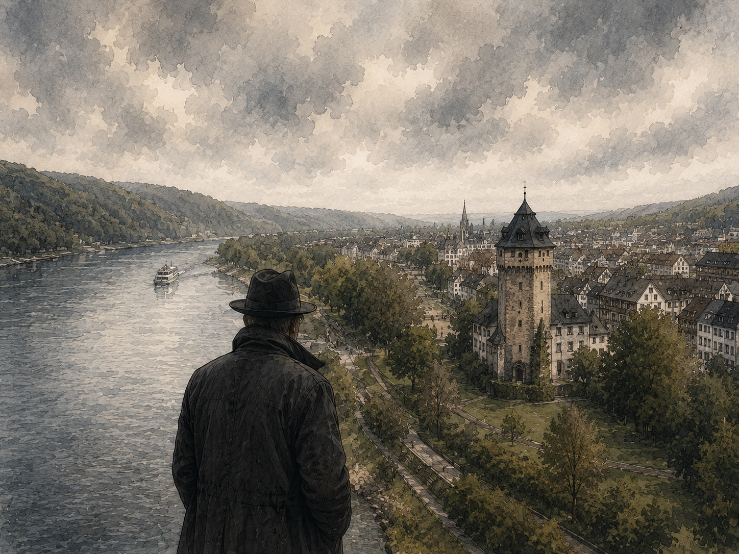 Illustration im düsteren Comic- und Aquarellstil mit Blick über den Rhein auf Lahnstein. Im Vordergrund steht eine Person mit dunklem Mantel und Hut, die mit dem Rücken zum Betrachter auf die Stadt blickt. Rechts erhebt sich der historische Wasserturm am Rheinufer, dahinter erstrecken sich die Häuser von Oberlahnstein entlang des Flusses. Ein Fahrgastschiff fährt auf dem Rhein, während dunkle Wolken den Himmel bedecken und der Szene eine geheimnisvolle, kriminalistische Atmosphäre verleihen.