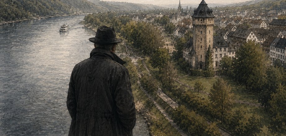 Kriminalführungen durch Lahnstein Illustration im düsteren Comic- und Aquarellstil mit Blick über den Rhein auf Lahnstein. Im Vordergrund steht eine Person mit dunklem Mantel und Hut, die mit dem Rücken zum Betrachter auf die Stadt blickt. Rechts erhebt sich der historische Wasserturm am Rheinufer, dahinter erstrecken sich die Häuser von Oberlahnstein entlang des Flusses. Ein Fahrgastschiff fährt auf dem Rhein, während dunkle Wolken den Himmel bedecken und der Szene eine geheimnisvolle, kriminalistische Atmosphäre verleihen.