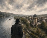 Kriminalführungen durch Lahnstein Illustration im düsteren Comic- und Aquarellstil mit Blick über den Rhein auf Lahnstein. Im Vordergrund steht eine Person mit dunklem Mantel und Hut, die mit dem Rücken zum Betrachter auf die Stadt blickt. Rechts erhebt sich der historische Wasserturm am Rheinufer, dahinter erstrecken sich die Häuser von Oberlahnstein entlang des Flusses. Ein Fahrgastschiff fährt auf dem Rhein, während dunkle Wolken den Himmel bedecken und der Szene eine geheimnisvolle, kriminalistische Atmosphäre verleihen.