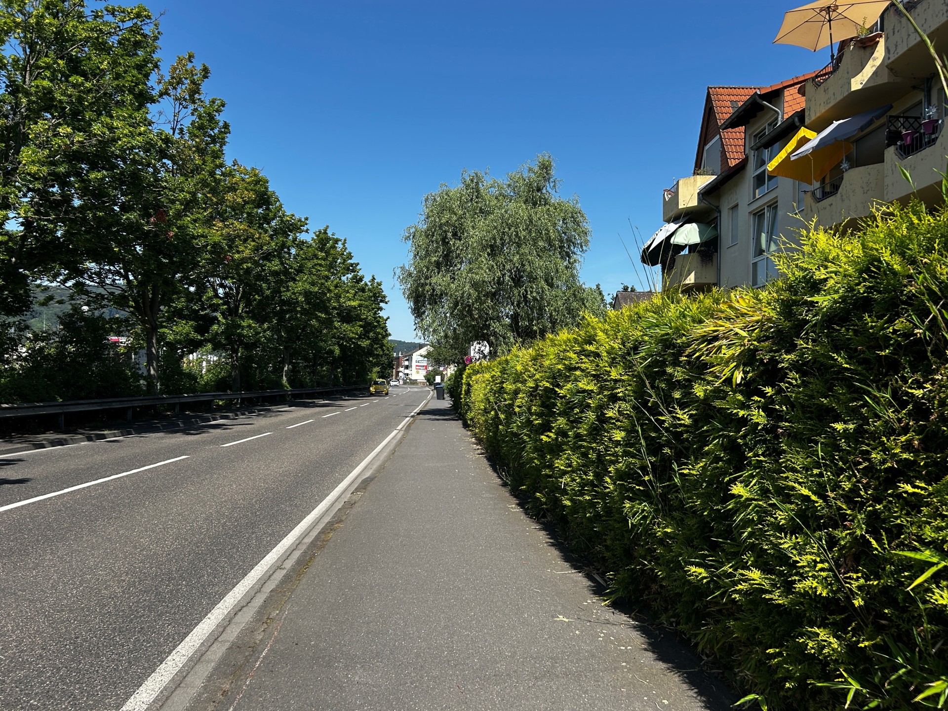 Blick entlang einer breiten Straße an einem sonnigen Sommertag. Links säumen hohe, dicht belaubte Bäume die Fahrbahn, rechts verläuft ein Gehweg entlang einer Hecke und eines Mehrfamilienhauses mit Balkonen. Der Himmel ist wolkenlos und tiefblau, die Straße ist nur wenig befahren. Im Hintergrund sind weitere Gebäude und ein Fahrzeug zu erkennen.
