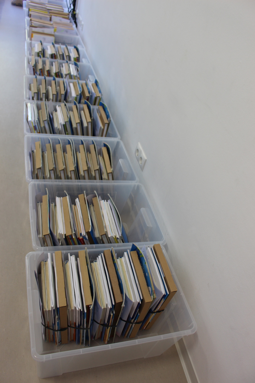 Mehrere transparente Kunststoffboxen mit nach Klassen sortierten Schulbuchpaketen stehen in einer langen Reihe entlang einer weißen Wand in der Stadtbücherei Lahnstein.