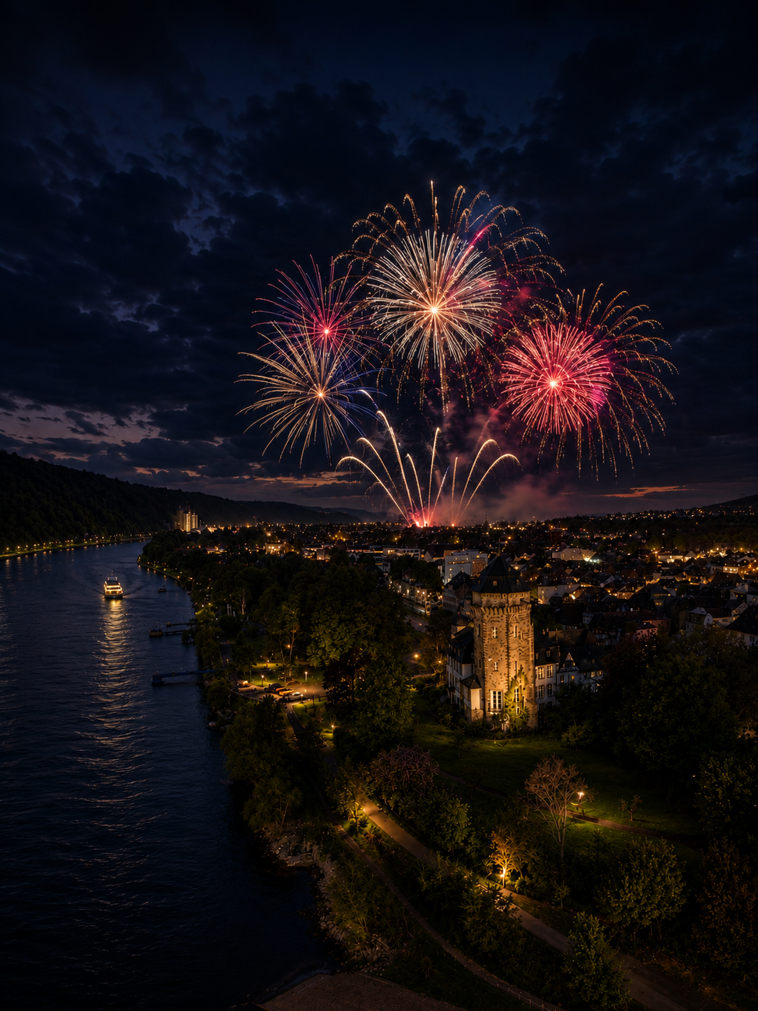 Ein großes Feuerwerk erleuchtet den Nachthimmel über einer Stadt am Rhein. Mehrere farbenfrohe Feuerwerkskörper explodieren in Gold-, Rot- und Weißtönen über den Dächern der beleuchteten Altstadt. Im Vordergrund ist ein historischer Turm von einem Park umgeben, links fließt der Rhein, auf dem ein beleuchtetes Fahrgastschiff unterwegs ist. Dunkle Wolken ziehen über den Himmel und bilden einen eindrucksvollen Kontrast zu den hellen Feuerwerkslichtern.