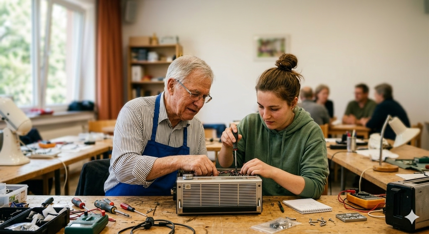 Ein älterer Herr und eine junge Dame sitzen an einem Holztisch in einer hellen Werkstatt und reparieren gemeinsam ein offenes Vintage-Radio. Sie sind umgeben von elektronischen Werkzeugen wie Multimetern, Pinzetten und Schraubendrehern. Der Hintergrund ist weichgezeichnet und zeigt weitere Personen und Werkstattelemente.