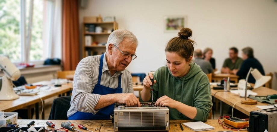 Repair Café im Jugendkulturzentrum Ein älterer Herr und eine junge Dame sitzen an einem Holztisch in einer hellen Werkstatt und reparieren gemeinsam ein offenes Vintage-Radio. Sie sind umgeben von elektronischen Werkzeugen wie Multimetern, Pinzetten und Schraubendrehern. Der Hintergrund ist weichgezeichnet und zeigt weitere Personen und Werkstattelemente.