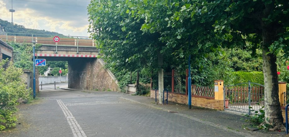 Blick entlang einer ruhigen Straße in Niederlahnstein mit mehreren großen Platanen am rechten Fahrbahnrand. Im Hintergrund führt die Straße unter einer Eisenbahnbrücke hindurch. Über den dicht belaubten Bäumen ziehen dunkle Wolken auf, während einzelne Sonnenstrahlen durch die Wolkendecke brechen.